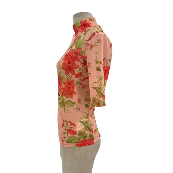 Anthropologie Half-Sleeve Mesh Top Tee Floral Print Peach Pink Red Size Small - Picture 6 of 12